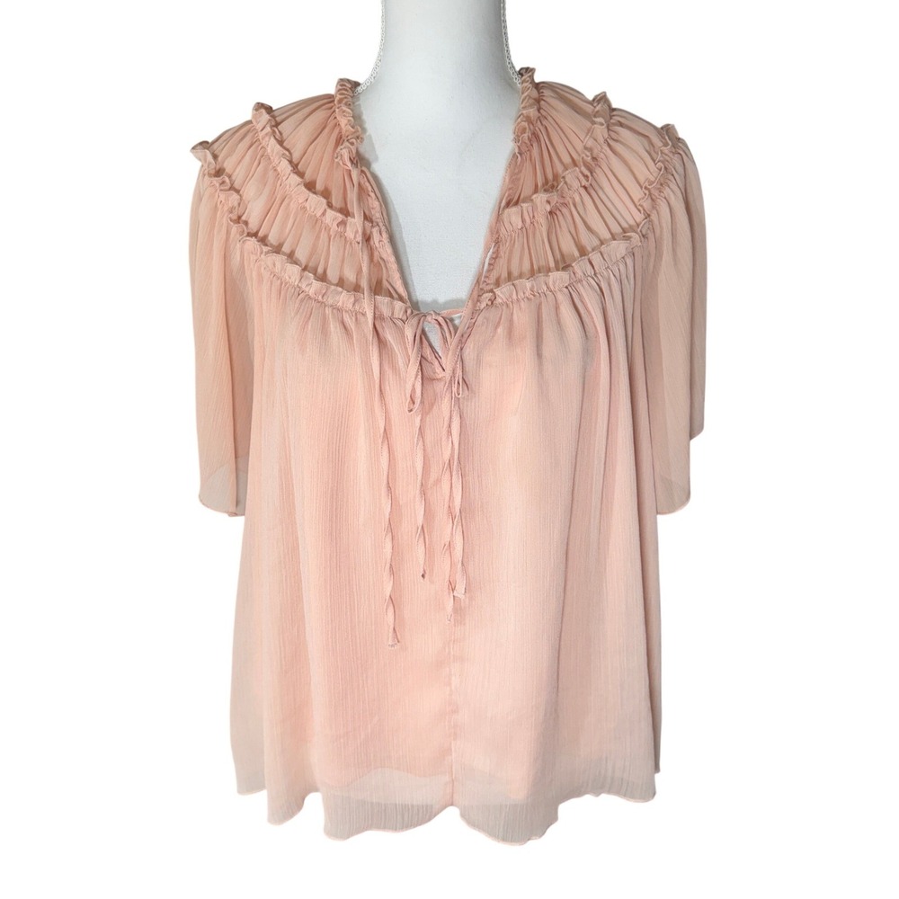 Zara Soft Pink Pleated Ruffle Chiffon Tie Front Flutter Sleeve Blouse Size Small